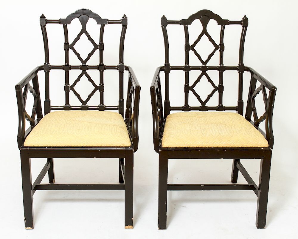 Appraisal: Brown Lacquered Gesso Wood Armchairs Chairs Pair Dark brown lacquered