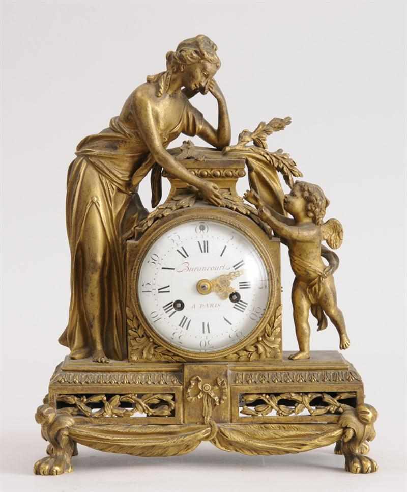 Appraisal: LOUIS XVI GILT BRONZE FIGURAL MANTEL CLOCK The enamel dial