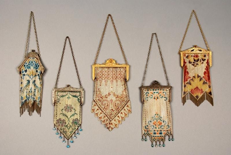 Appraisal: THREE MANDALIAN PAINTED MESH BAGS EARLY th C One having