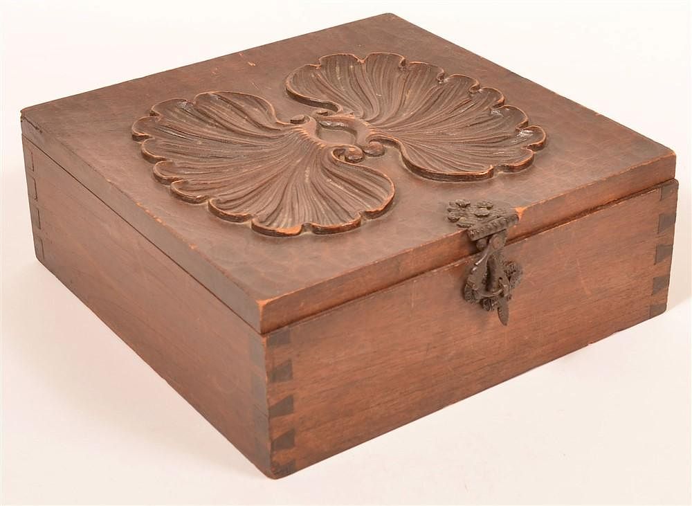 Appraisal: Walnut Shell Carved Hinge Lid Document Box th Century walnut