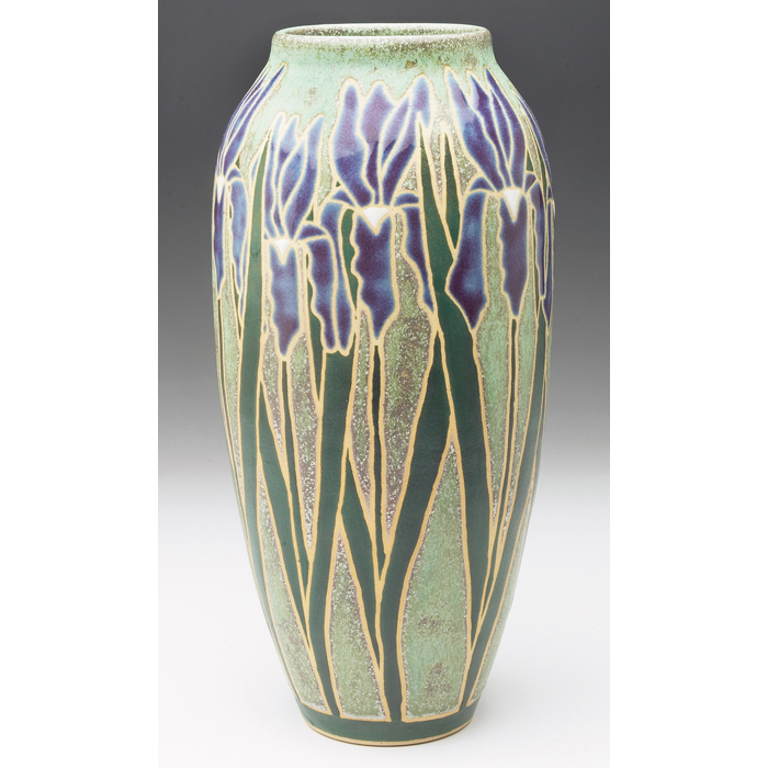 Appraisal: Common Ground Pottery vase contemporary colorful design with purple irises