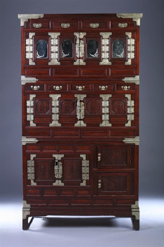 Appraisal: KOREAN ZELKOVA WOOD THREE-TIER CHEST Circa In three sections with