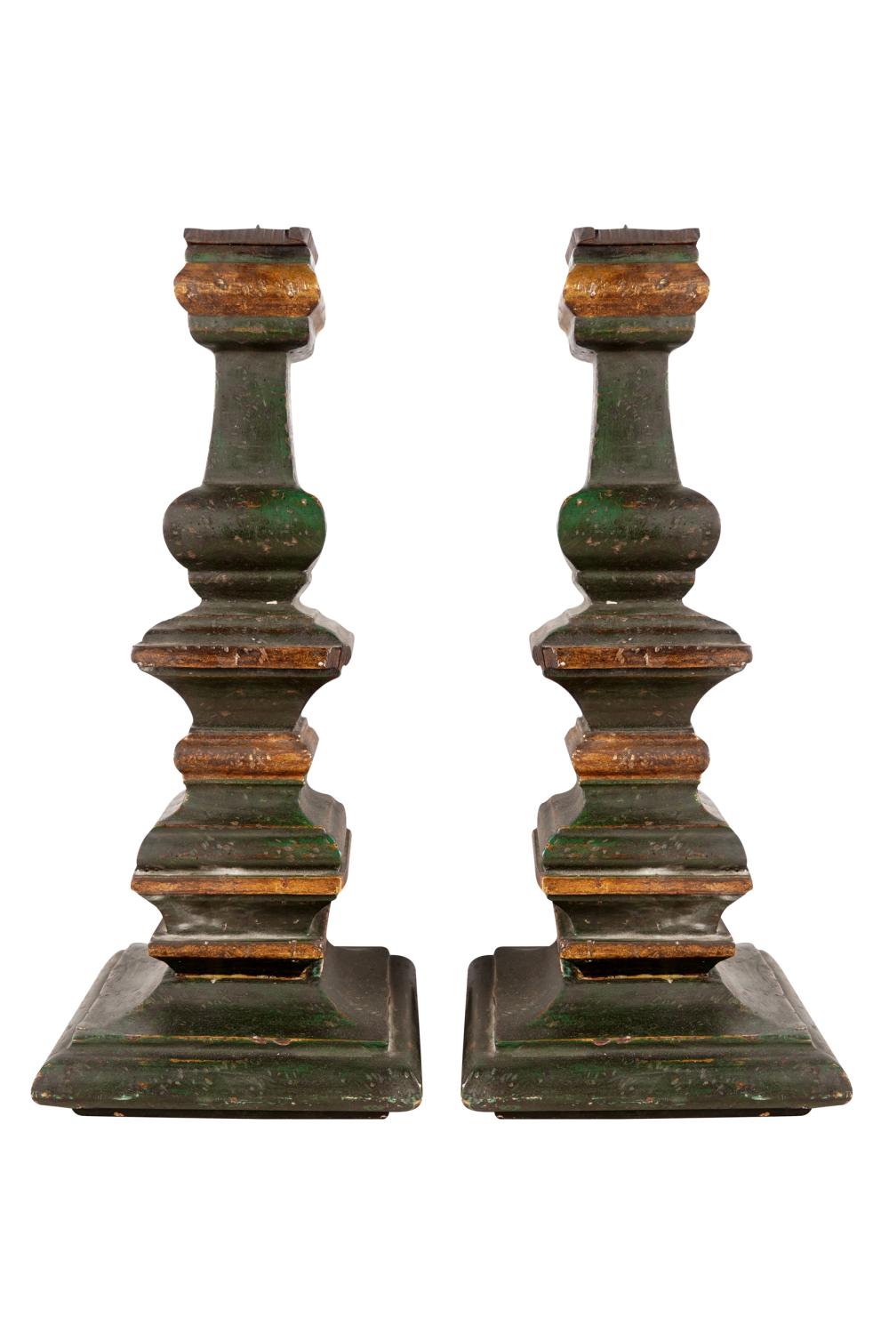 Appraisal: PAIR OF ITALIAN RENAISSANCE-STYLE PAINTED WOOD PRICKET STICKSgreen paint with