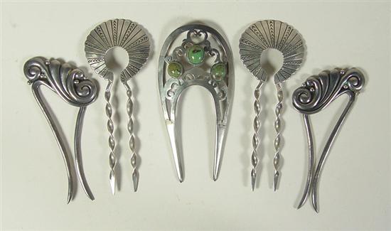 Appraisal: Five Mexican Silver Hair Ornaments Two matching are marked Los