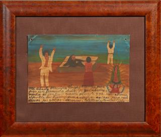 Appraisal: Mexican Retablo oil on tin giving thanks f Mexican Retablo