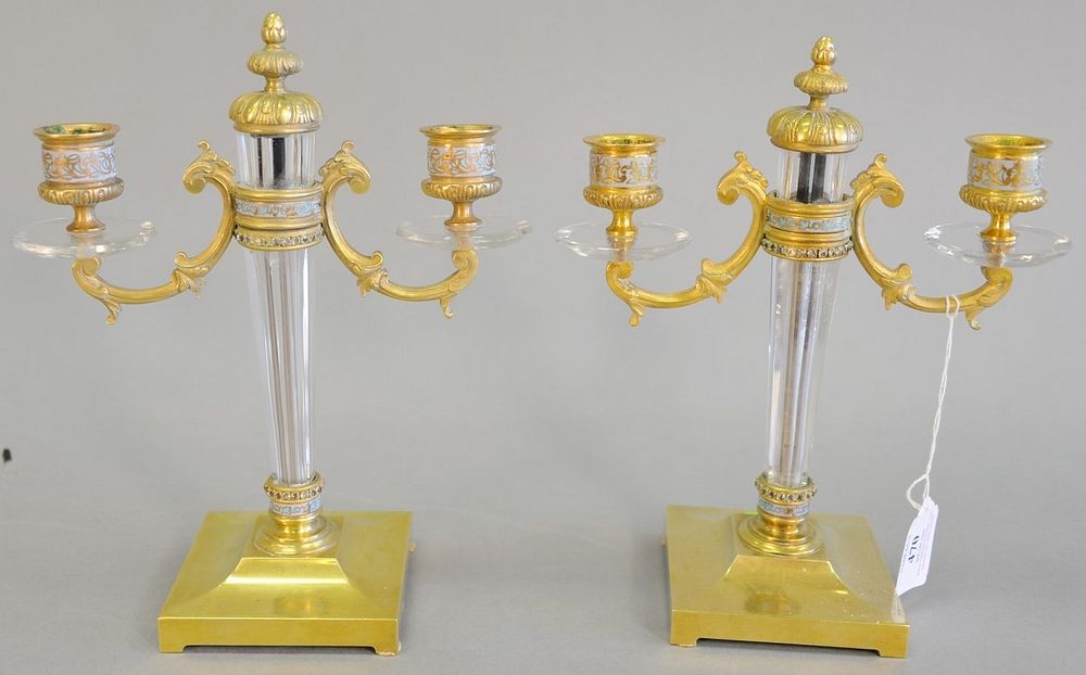 Appraisal: French bronze and glass two-arm candelabra square base faceted glass