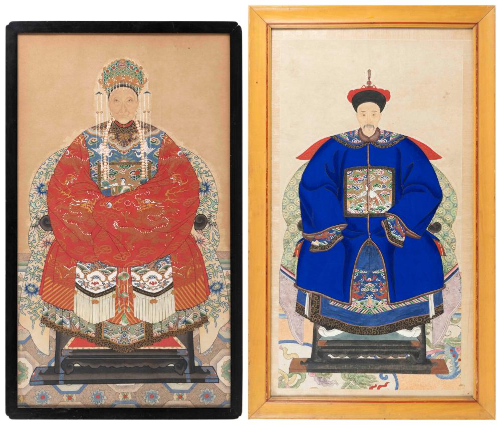 Appraisal: TWO CHINESE ANCESTRAL PORTRAITS LATE TH CENTURY WATERCOLORS AND GOUACHE