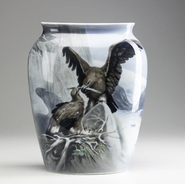 Appraisal: HEUBACH German porcelain vase with hand-painted eagle and eaglet at