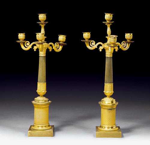 Appraisal: PAIR OF GILT BRONZE CANDELABRAS nd Empire Paris circa H