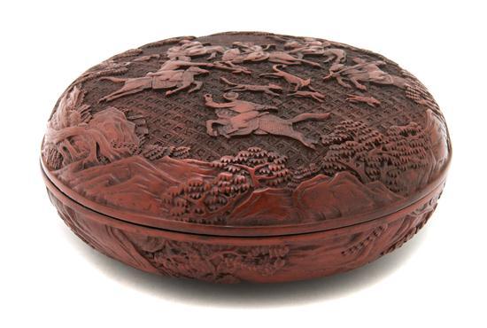 Appraisal: Chinese Cinnabar Lacquer Box of circular form with decoration depicting