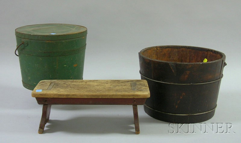 Appraisal: Two Painted Wooden Pails and a Red-painted Wooden Cricket one