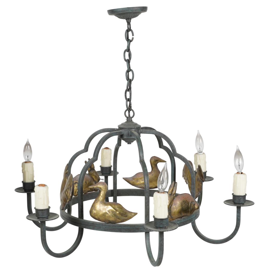 Appraisal: FARMHOUSE CHANDELIERbrass animals on metal cage with six lights Condition