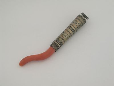 Appraisal: A George III silvergilt mounted coral teether with a tapering