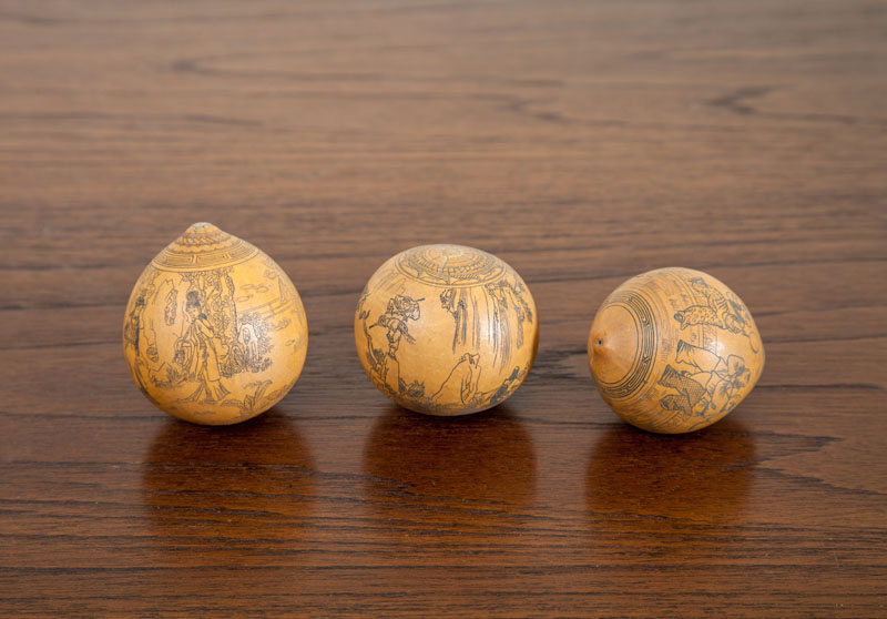 Appraisal: THREE CHINESE ENGRAVED FOLK GOURDS x x in The Collection