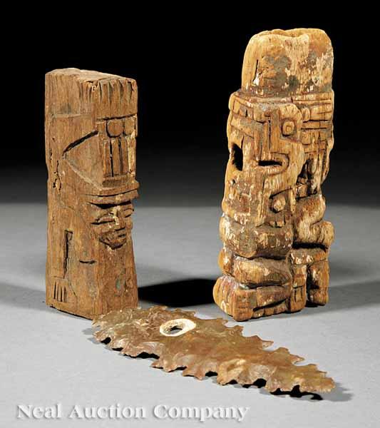 Appraisal: Two Maya Carved Wood Knife Handles and a Flint Blade