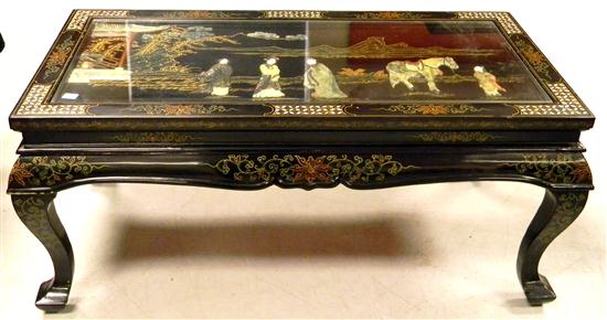 Appraisal: Oriental coffee table carved stone figures in landscape under glass