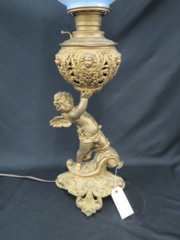 Appraisal: Figural Victorian Parlor Lamp cherub decor floral globe tall electrified