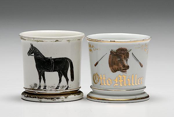 Appraisal: TWO OCCUPATIONAL SHAVING MUGS BUTCHER HORSEMAN lot of two porcelain