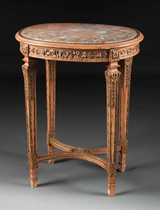 Appraisal: Louis XVI style painted parcel-giltwood inset breche d'alep marble-top table