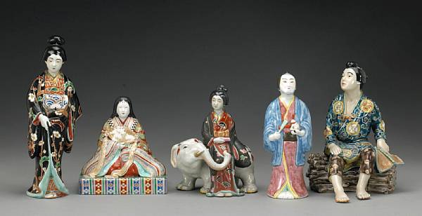 Appraisal: A group of five Kutani porcelain figures th Century Including