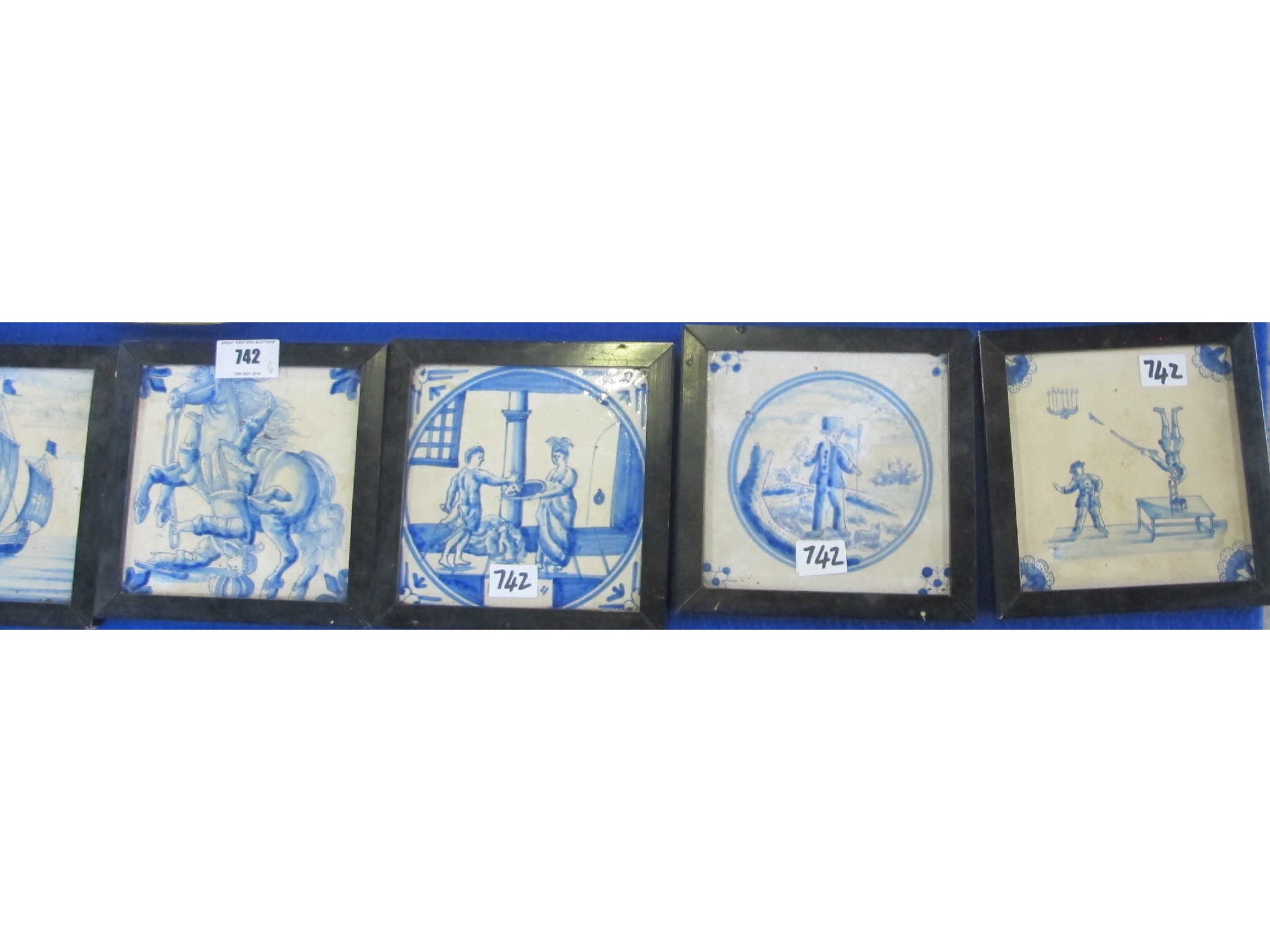 Appraisal: Six framed Delft tiles depicting various scenes including a beheading