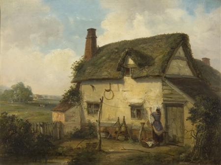 Appraisal: THOMAS SMYTHE - A WOMAN HANGING WASHING BEFORE A COUNTRY