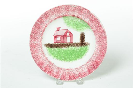 Appraisal: SPATTERWARE PLATE England nd quarter- th century Red with Schoolhouse