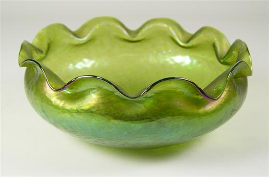 Appraisal: Loetz Style Bowl Green iridescent bowl Wear on foot x