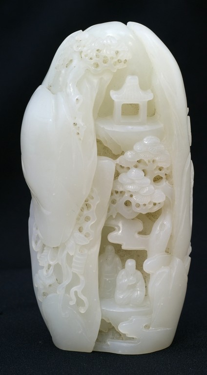 Appraisal: Chinese Carved Jade Mountain with figures pine trees buildings fungus