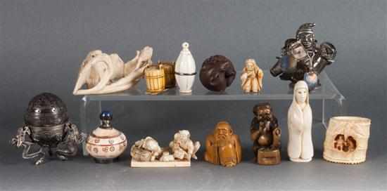 Appraisal: Assorted oriental carved figures netsukes and ivory fragments and bone