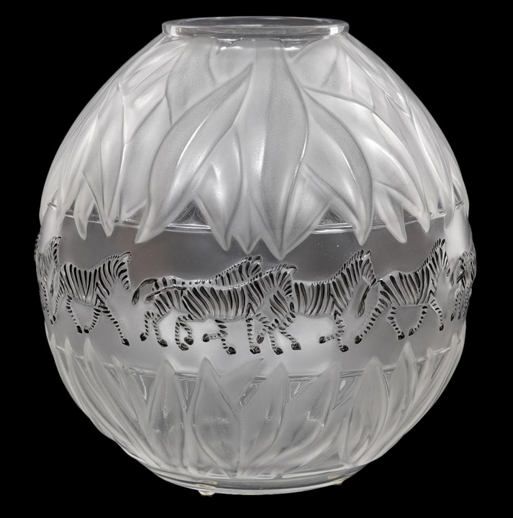 Appraisal: LALIQUE CRYSTAL TANZANIA ZEBRA VASELalique clear frosted round bulbous vase