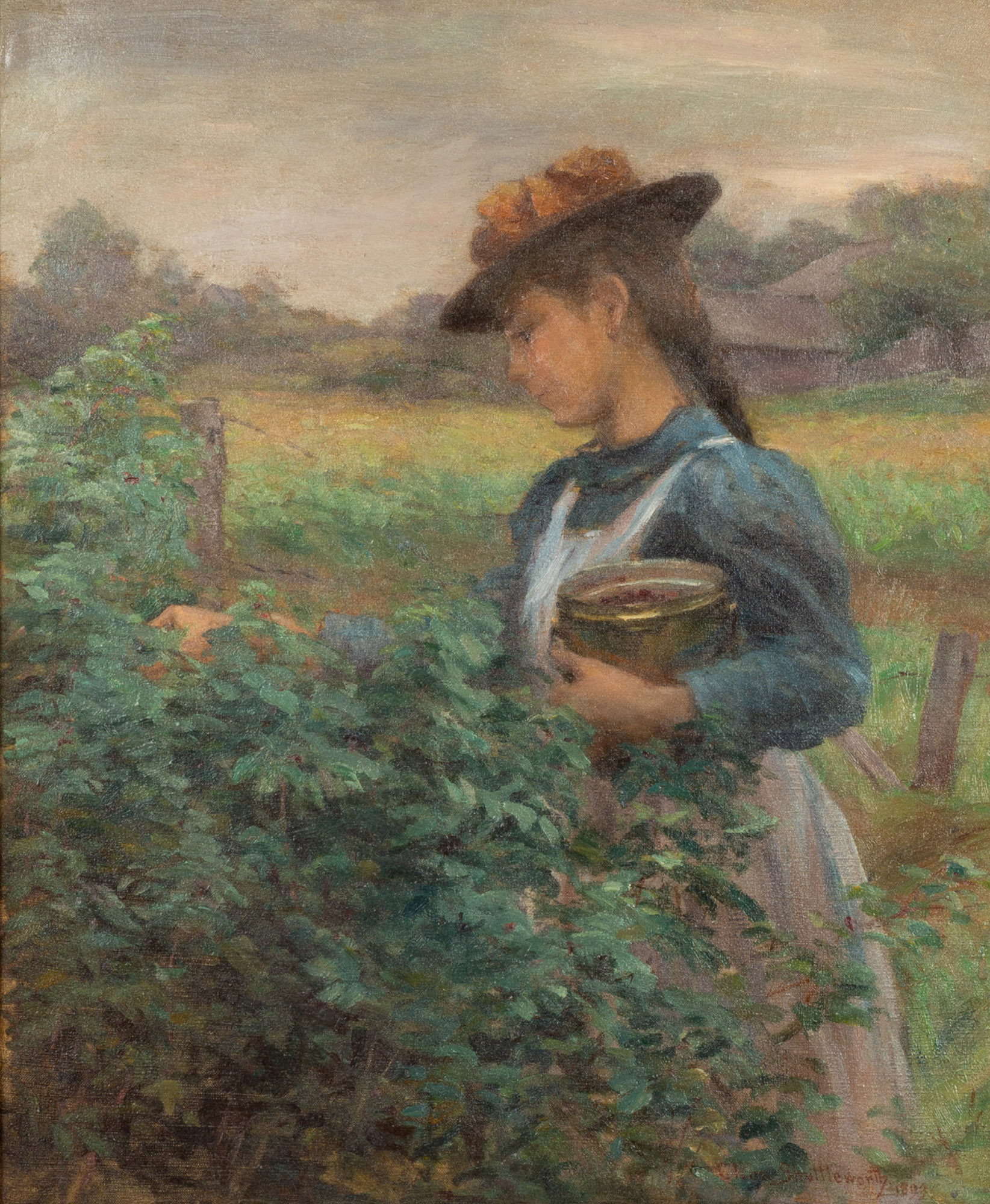 Appraisal: CLAIRE SHUTTLEWORTH AMERICAN - GIRL PICKING BERRIES oil on canvas