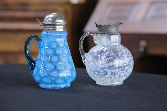 Appraisal: TWO ART GLASS SYRUPS Blue Tapered Coin Spot with blue