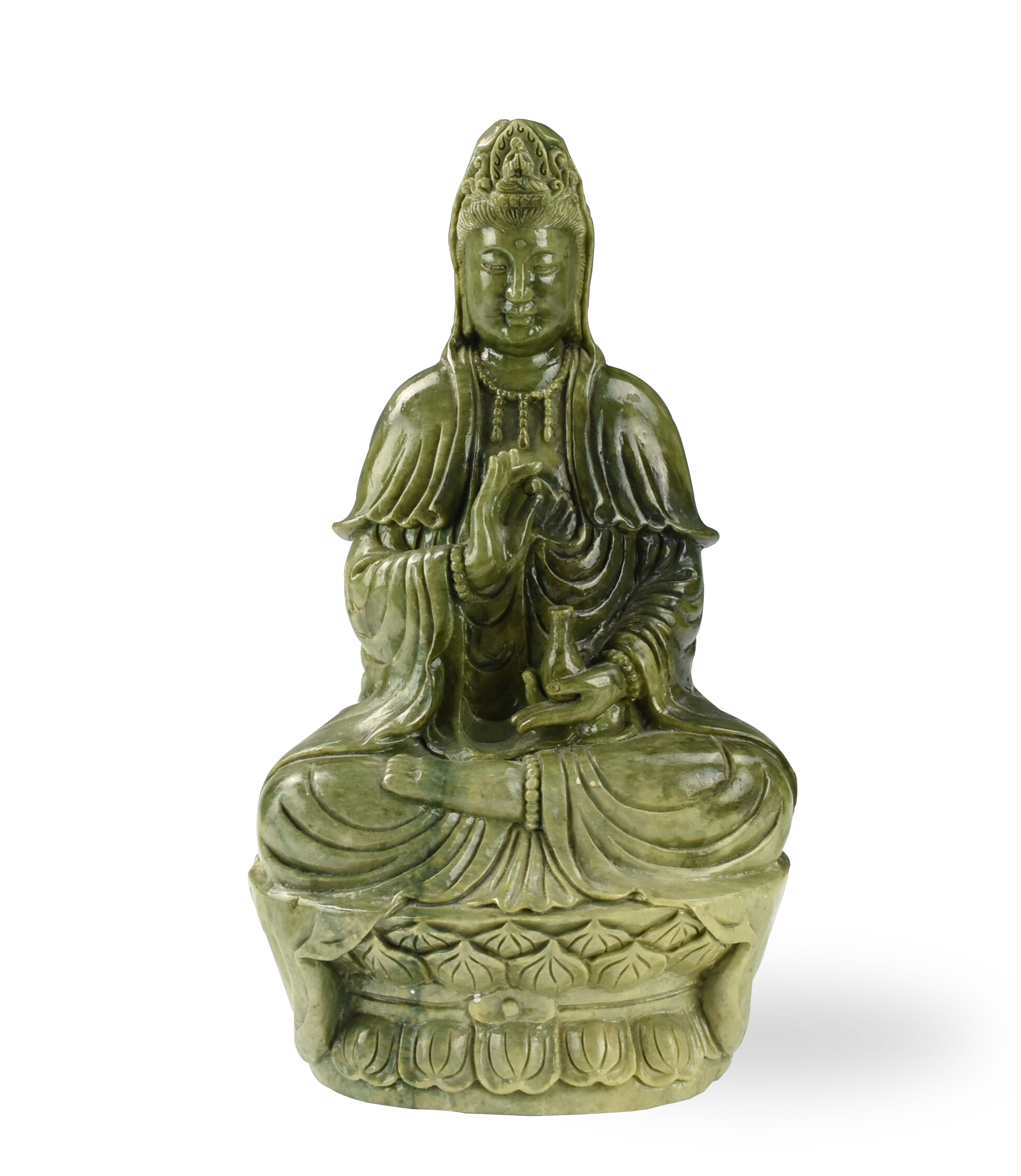 Appraisal: LARGE CHINESE GREEN JADEITE GUANYIN STATUE Chinese large carved seated