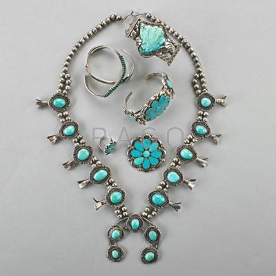 Appraisal: NATIVE AMERICAN SILVER TURQUOISE JEWELRY L Begay squash blossom necklace