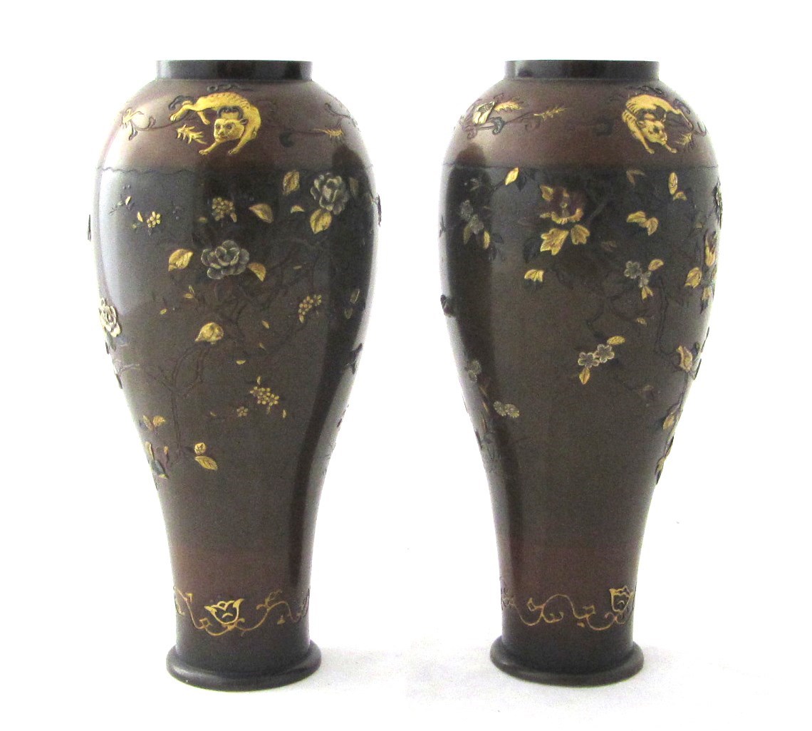 Appraisal: A pair of Japanese bronze vases Meiji period each signed