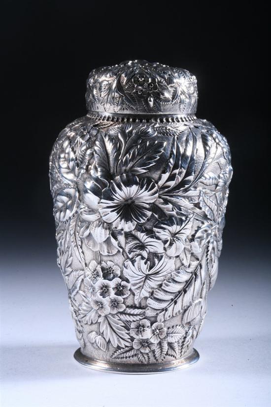 Appraisal: S KIRK SON STERLING SILVER FLORAL REPOUSS TEA CADDY Ovoid