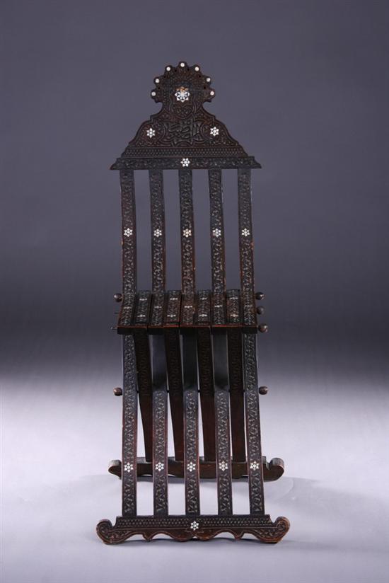 Appraisal: SYRIAN SAVONAROLA MOTHER-OF-PEARL INLAID WOOD CHAIR Inlaid with rosettes and