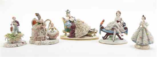 Appraisal: Five German Lace Figurines comprising two seated ladies a female