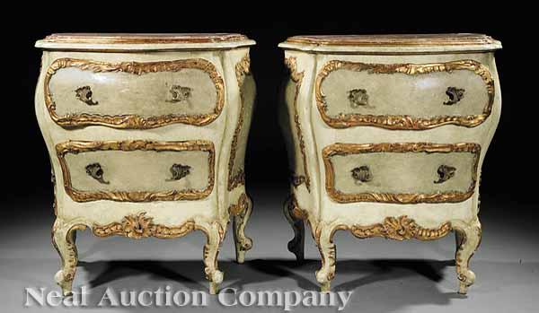 Appraisal: A Pair of Italian Rococo-Style Paint-Decorated and Gilded Bomb Commodes