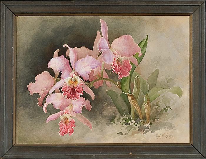 Appraisal: PINK IRISES BY PAUL DE LONGPRE AMERICAN - watercolor on