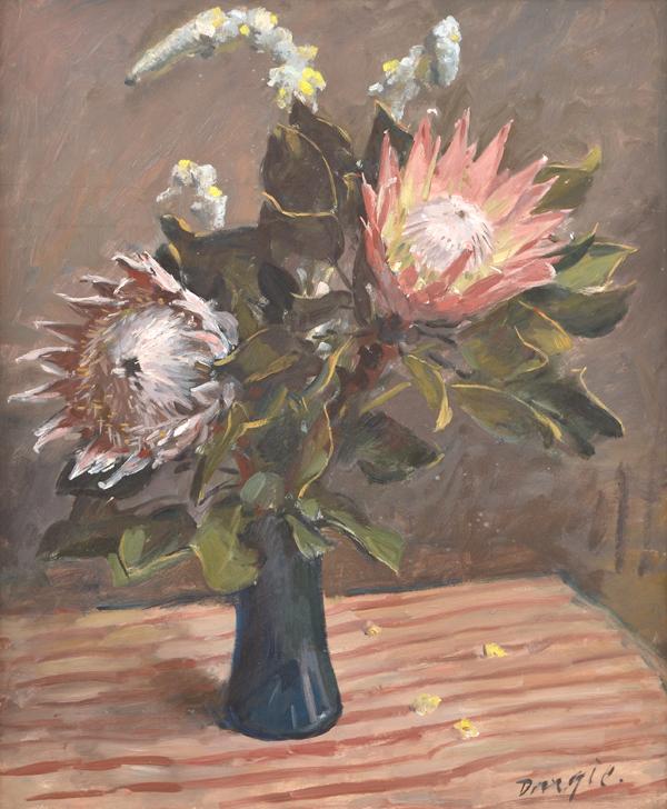 Appraisal: WILLIAM DARGIE - Still Life with Proteas oil on board