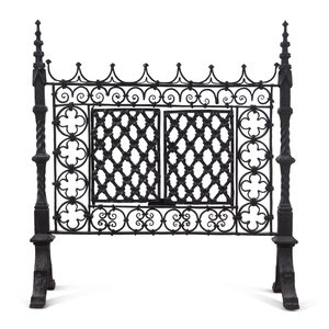 Appraisal: A Gothic Style Black Painted Wrought and Cast Iron Fire