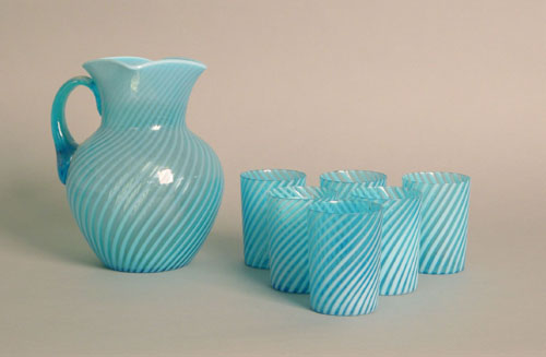 Appraisal: Seven piece blue and opalescent glass lemonade set