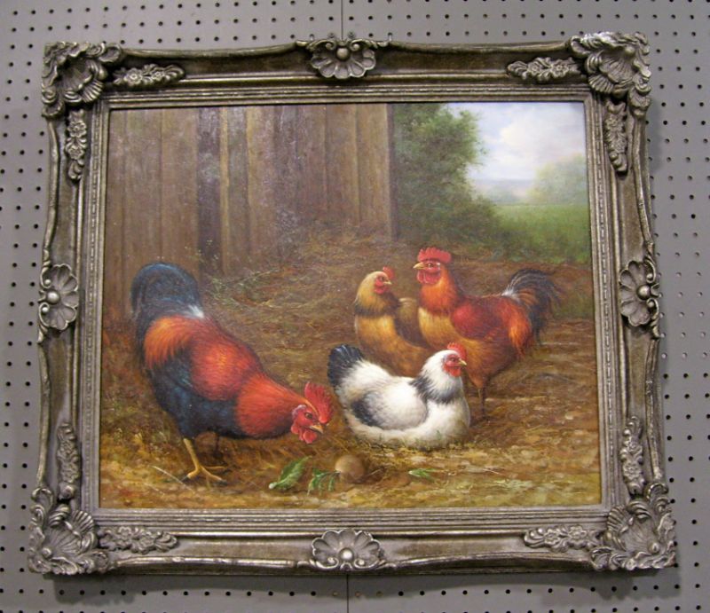 Appraisal: Oil Painting - Roosters Hens Barnyard scene Framed painting measures