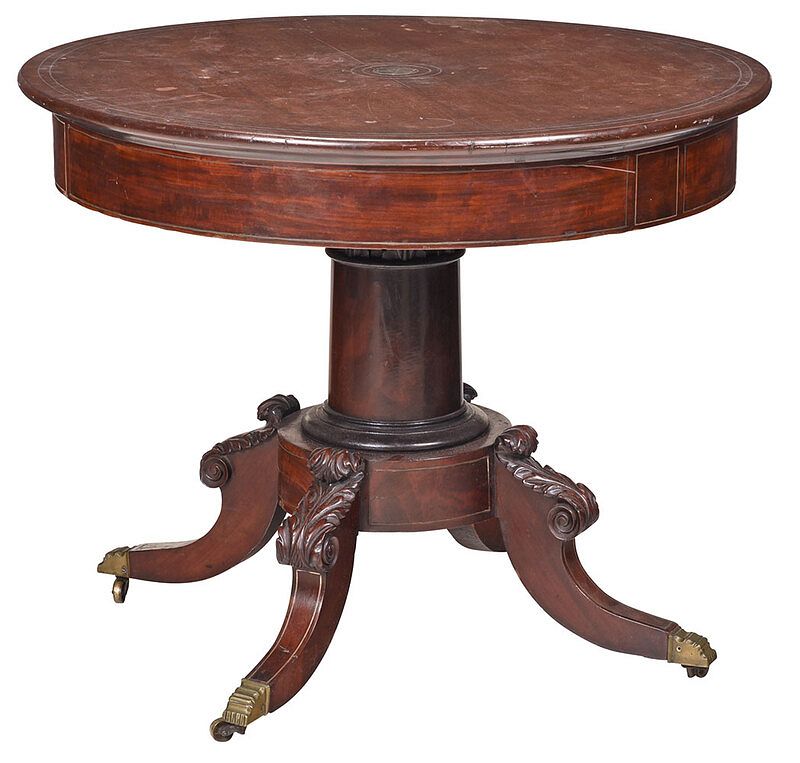 Appraisal: Manigault Classical Figured Mahogany Pedestal Table circa with brass inlaid