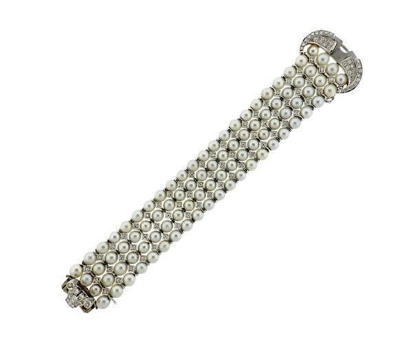 Appraisal: K Gold Diamond Pearl Row Bracelet METAL K gold GEMSTONES