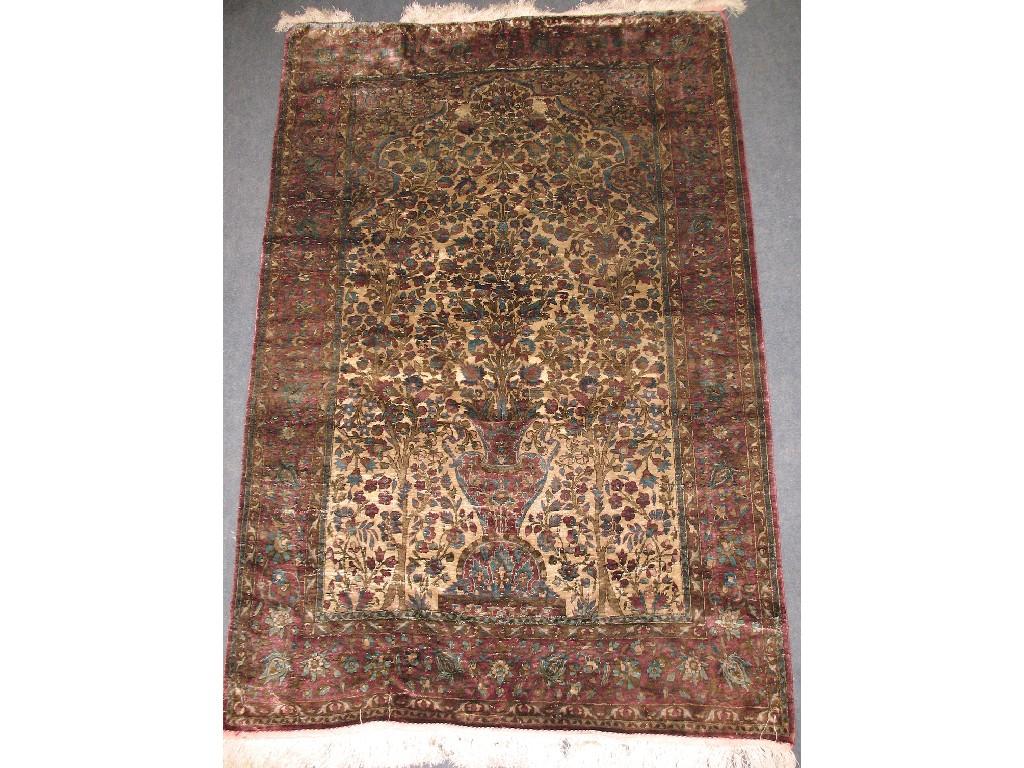 Appraisal: A KASHAN SILK PRAYER RUG the central cream panel with