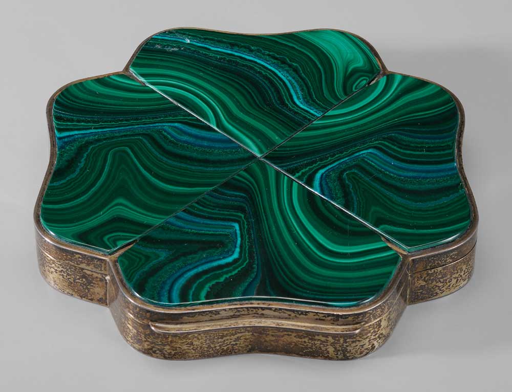 Appraisal: Gilt Silver Malachite Box stylized cloverleaf shape with malachite top