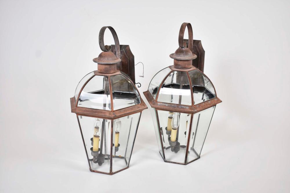 Appraisal: PAIR OF GLAZED COPPER HANGING THREE-LIGHT LANTERNSEach hexagonal lamp hung